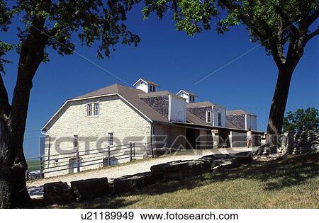 Stock Photo -  barn, Strong City, KS, Kansas, Flint Hills, The Barn at Z Bar Springhill Ranch at the Tallgrass Prairie National Preserve.. Fotosearch