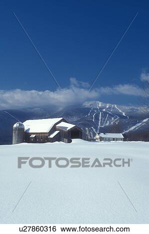Stock Photograph -  barn, winter scene, mountains, winter, snow, wintry, Vermont, Sugarbush Ski Resort, Scenic view of the barn on Bragg Farm and the Sugarbush Ski Area on the snow covered Green Mountains in the distance on a sunny day under a blue sky in Fayston in the Mad. Fotosearch