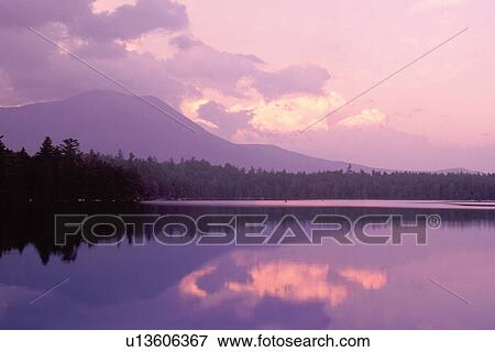Baxter Park, Maine, ME, sunset, Reflection of Mt. Katahdin in the calm waters of Daicey Pond at sunset in Baxter State Park. View Large Photo Image Stock Photo - Baxter Park, Maine, ME, sunset, Reflection of Mt. Katahdin in the calm waters of Daicey Pond at sunset in Baxter State Park.. Fotosearch