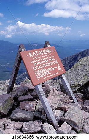 Stock Photograph -  Baxter Park, Mt. Katahdin, Appalachian Trail, Maine, ME, Terminus of the Appalachian Trail sign on the summit of Mt. Katahdin in Baxter State Park. . Fotosearch