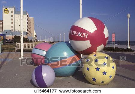 Stock Photo -  beach balls, Virginia Beach, Virginia, VA, Large colorful beach ball sculptures at the ocean front park in Virginia Beach.. Fotosearch