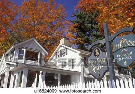 Stock Photo -  bed & breakfast, country inn, Adirondacks, Bolton Landing, Lake George, New York, NY, The Bell Inn a Bed& Breakfast in Bolton Landing in the autumn.. Fotosearch