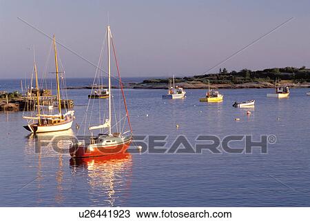 Stock Image -  boats, Maine, ME, Corea, Scenic harbor of Corea.. Fotosearch