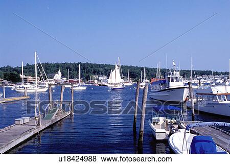 Stock Photo -  boats, marina, Boothbay Harbor, Maine, ME, Scenic view of Boothbay Harbor. . Fotosearch