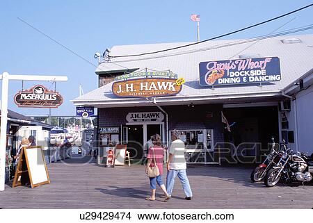 Picture -  Boothbay Harbor, Maine, ME, Gift shops and restaurants on the pier in Boothbay Harbor. . Fotosearch