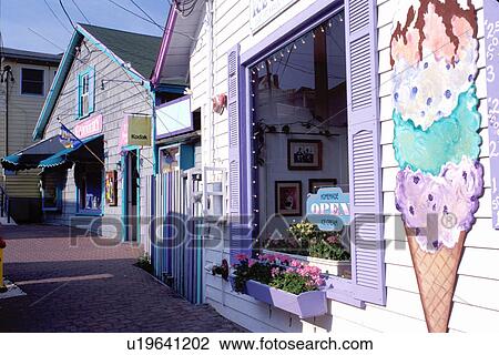 Stock Image -  Boothbay Harbor, Maine, ME, Ice Cream Shop along the street in Boothbay Harbor. . Fotosearch