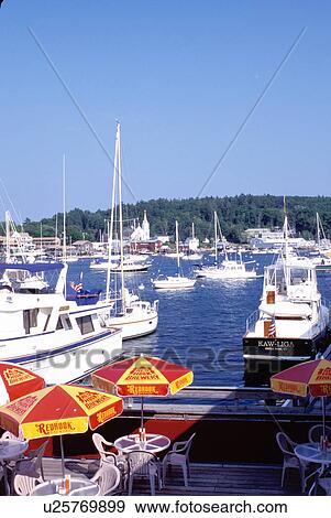 Boothbay Harbor, Maine, ME, Scenic view of Boothbay Harbor from an outdoor cafT. View Large Photo Image Stock Photo - Boothbay Harbor, Maine, ME, Scenic view of Boothbay Harbor from an outdoor cafT. . Fotosearch