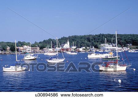Stock Photograph -  Boothbay Harbor, Maine, ME, Scenic view of the bay and town of Boothbay Harbor. . Fotosearch