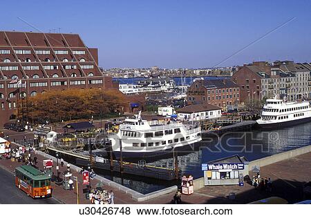 Stock Photo -  Boston, MA, Massachusetts, View of Whale Watching Boats in Boston Inner Harbor in downtown Boston in the fall.. Fotosearch