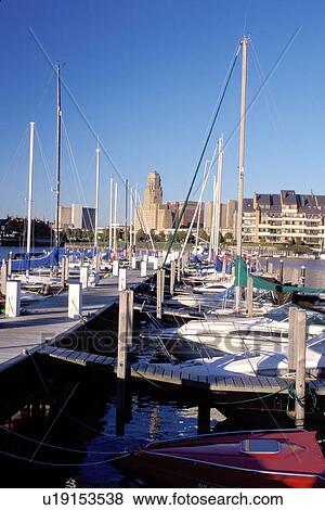 Stock Photo -  Buffalo, New York, NY, Downtown skyline of Buffalo from Erie Basin Marina on Lake Erie.. Fotosearch