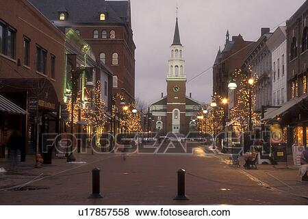 Burlington, Christmas, decorations, church, winter, snow, city, Vermont, Church Street Marketplace in downtown Burlington is decorated for the Christmas holiday season in the evening in Chittenden County in the state of Vermont.  View Large Photo Image Stock Photo -  Burlington, Christmas, decorations, church, winter, snow, city, Vermont, Church Street Marketplace in downtown Burlington is decorated for the Christmas holiday season in the evening in Chittenden County in the state of Vermont. . Fotosearch