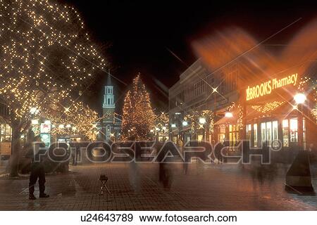 Burlington, decorations, pedestrian street, city, winter, snow, Vermont, Church Street Marketplace in downtown Burlington is decorated for the Christmas holiday season at night in Chittenden County in the state of Vermont. View Large Photo Image Stock Photo - Burlington, decorations, pedestrian street, city, winter, snow, Vermont, Church Street Marketplace in downtown Burlington is decorated for the Christmas holiday season at night in Chittenden County in the state of Vermont. . Fotosearch