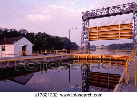 Stock Image -  canal, locks, Seneca Falls, Finger Lakes, New York, NY, Double locks on Cayuga-Seneca Canal. Locks create a 49 foot change in elevation along the canal.. Fotosearch