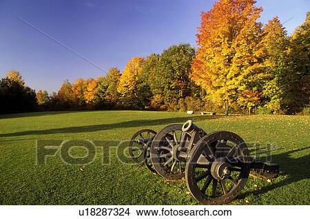 Picture -  cannon, battlefield, Saratoga Springs, New York, NY, Cannon displayed at The Battlefield of Saratoga National Historical Park in Saratoga Springs in the autumn.. Fotosearch