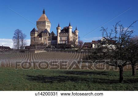Stock Image -  castle, chateau, Switzerland, Vaud, Europe, Vufflens le Chateau in the early spring with a wine vineyard in the foreground.. Fotosearch