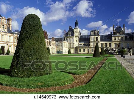 Stock Image -  chateau, castle, Fontainebleau, palace, France, Ile de France, Seine-et-Marne, Europe, Chateau de Fontainebleau a 12th-century palace.. Fotosearch