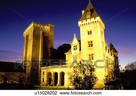 Stock Image -  chateau, castle, France, Pau, Pyrenees-Atlantiques, Aquitaine, Europe, Castle illuminated at night.. Fotosearch