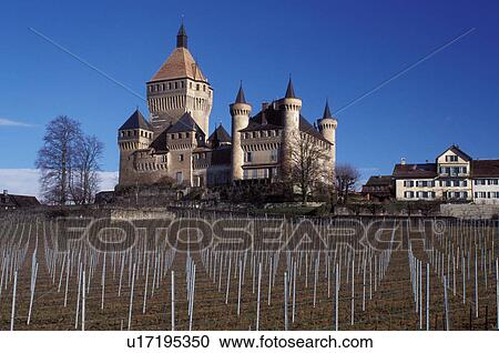 Stock Image -  chateau, castle, Switzerland, Vaud, Europe, Vufflens le Chateau in the early spring with a wine vineyard in the foreground.. Fotosearch