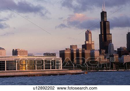 Stock Image -  Chicago, Illinois, IL, Lake Michigan, John G. Shedd Aquarium and downtown skyline of Chicago from Chicago Harbor on Lake Michigan.. Fotosearch