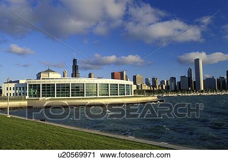 Stock Image -  Chicago, Illinois, IL, Lake Michigan, John G. Shedd Aquarium and downtown skyline of Chicago from Chicago Harbor on Lake Michigan.. Fotosearch
