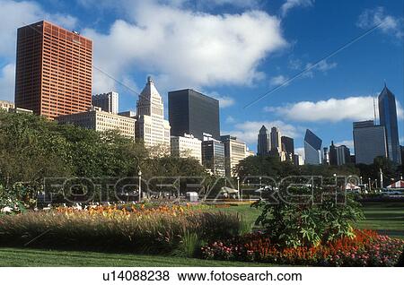 Stock Photo -  Chicago, skyline, Illinois, IL, Downtown skyline of Chicago from Grant Park.. Fotosearch