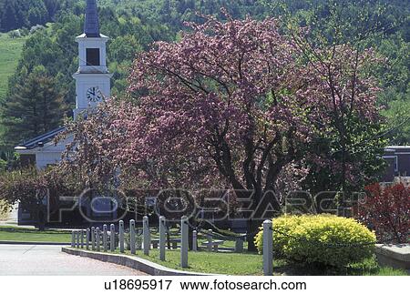 Stock Photo -  church, college, university, spring, Northfield, VT, Vermont, The chapel on Norwich University campus in Northfield in the spring.. Fotosearch