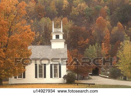 Picture -  church, covered bridge, fall, West Arlington, VT, Vermont, The Church and Bridge at the Green in autumn in West Arlington.. Fotosearch