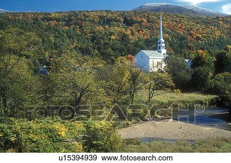 church, fall, Stowe, VT, Vermont, Scenic view of the Community Church in the village of Stowe and the first snow on the mountains surrounded by colorful fall foliage in autumn. View Large Photo Image Stock Photo - church, fall, Stowe, VT, Vermont, Scenic view of the Community Church in the village of Stowe and the first snow on the mountains surrounded by colorful fall foliage in autumn. . Fotosearch