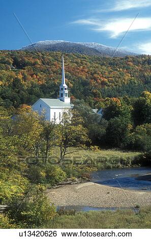 church, fall, Stowe, VT, Vermont, Scenic view of the Community Church in the village of Stowe and the first snow on the mountains surrounded by colorful fall foliage in autumn. View Large Photo Image Stock Photograph - church, fall, Stowe, VT, Vermont, Scenic view of the Community Church in the village of Stowe and the first snow on the mountains surrounded by colorful fall foliage in autumn. . Fotosearch