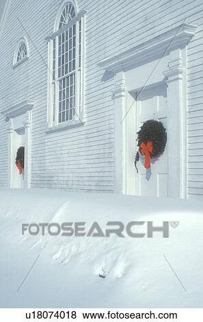 church, Vermont, VT, Union Meeting House (1825) decorated with wreaths on the doors in the winter in Burke Hollow. View Large Photo Image Stock Photo - church, Vermont, VT, Union Meeting House (1825) decorated with wreaths on the doors in the winter in Burke Hollow. . Fotosearch