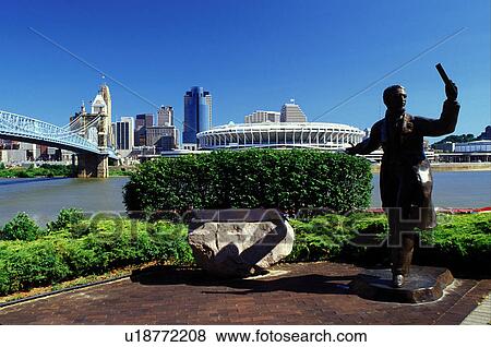 Cincinnati, OH, skyline, bridge, Ohio, Downtown skyline, statue of John A. Roebling, John A. Roebling Suspension Bridge, Ohio River, Cinergy Field. View Large Photo Image Stock Photo - Cincinnati, OH, skyline, bridge, Ohio, Downtown skyline, statue of John A. Roebling, John A. Roebling Suspension Bridge, Ohio River, Cinergy Field.. Fotosearch
