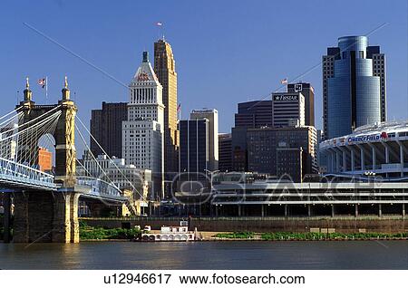 Cincinnati, skyline, OH, Ohio, Downtown skyline of Cincinnati across the Ohio River. View Large Photo Image Stock Photo - Cincinnati, skyline, OH, Ohio, Downtown skyline of Cincinnati across the Ohio River. . Fotosearch