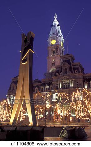 City Hall, Philadelphia, clothespin, Pennsylvania, PA, The Clothespin statue outside City Hall at Center Square decorated for the Christmas holidays in downtown Philadelphia in the evening. View Large Photo Image Stock Photograph - City Hall, Philadelphia, clothespin, Pennsylvania, PA, The Clothespin statue outside City Hall at Center Square decorated for the Christmas holidays in downtown Philadelphia in the evening.. Fotosearch