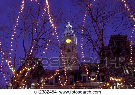 Picture -  City Hall, Philadelphia, Pennsylvania, PA, City Hall at Center Square decorated for the Christmas holidays in downtown Philadelphia in the evening.. Fotosearch