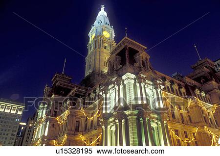 Stock Photography -  City Hall, Philadelphia, Pennsylvania, PA, City Hall at Center Square decorated for the Christmas holidays in downtown Philadelphia in the evening.. Fotosearch