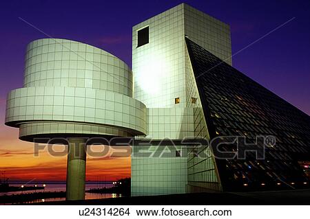 Picture -  Cleveland, hall of fame, rock 'n roll, OH, Ohio, Rock and Roll Hall of Fame and Museum at sunset.. Fotosearch