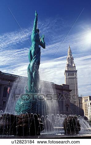 Picture -  Cleveland, OH, Ohio, Victory Fountain in front of the South Mall of the Terminal Tower, a Beaux-Arts skyscraper. Fotosearch