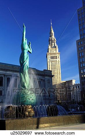 Stock Photo -  Cleveland, OH, Ohio, Victory Fountain in front of the South Mall of the Terminal Tower, a Beaux-Arts skyscraper. Fotosearch