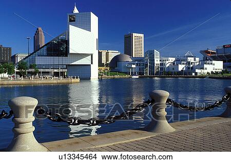 Picture -  Cleveland, OH, skyline, hall of fame, rock 'n roll, Ohio, Skyline of downtown Cleveland and the Rock and Roll Hall of Fame and Museum along the waterfront of North Coast Harbor.. Fotosearch