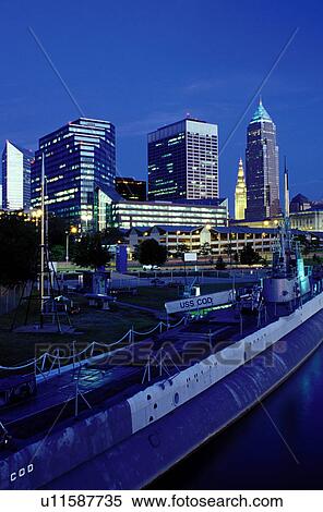 Cleveland, skyline, OH, Ohio, Downtown skyline of Cleveland, USS Cod Submarine Museum, evening View Large Photo Image Stock Photography - Cleveland, skyline, OH, Ohio, Downtown skyline of Cleveland, USS Cod Submarine Museum, evening. Fotosearch