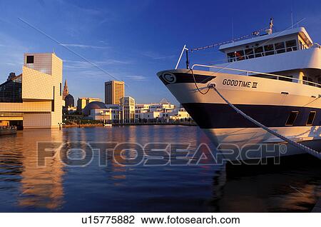 Cleveland, skyline, OH, Ohio, Skyline of downtown Cleveland, Rock and Roll Hall of Fame and Museum, and Goodtime Cruise Lines along the waterfront of North Coast Harbor. View Large Photo Image Stock Image - Cleveland, skyline, OH, Ohio, Skyline of downtown Cleveland, Rock and Roll Hall of Fame and Museum, and Goodtime Cruise Lines along the waterfront of North Coast Harbor.. Fotosearch
