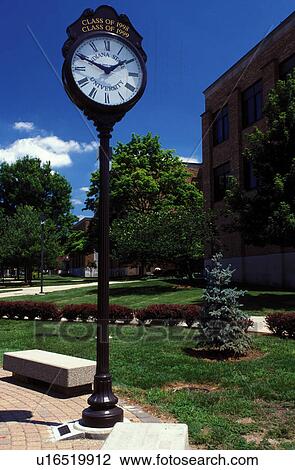 Stock Image -  clock, university, Terre Haute, University of Indiana, IN, Indiana, Historic clock on the campus of the University of Indiana.. Fotosearch