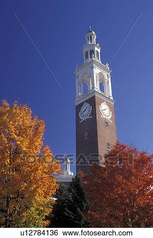 Stock Photograph -  college, clock tower, church, University of Vermont, Burlington, VT, Vermont, Ira Adler Chapel in the fall on the University of Vermont campus.. Fotosearch
