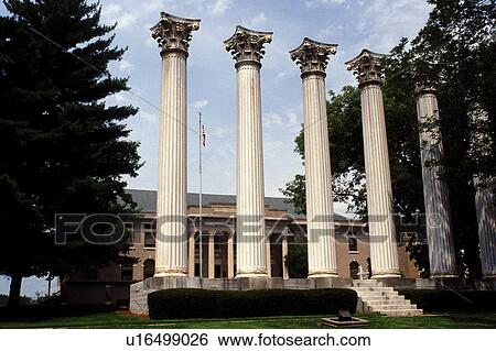 Stock Photograph -  college, columns, Fulton, MO, Missouri, Sentinells of the Columns on Westminster College campus.. Fotosearch