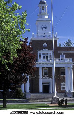 Stock Photography -  college, university, spring, Northfield, VT, Vermont, Jackman Hall on Norwich University campus in Northfield in the spring.. Fotosearch