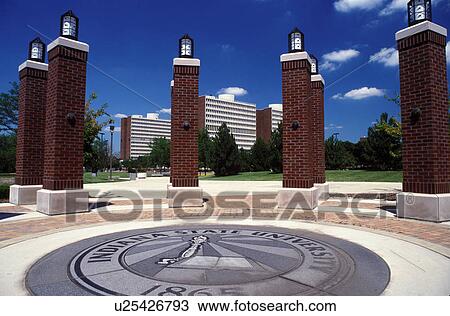 Stock Image -  college, university, Terre Haute, University of Indiana, IN, Indiana, Monument at the entrance of the University of Indiana.. Fotosearch