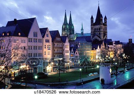Stock Photograph -  Cologne, Koln, Germany, Nordrhein-Westfalen, Rhine River, Europe, Scenic view at night of the city of Cologne (Koln) and the Cologne Cathedral (Dom) along the Rhine River.. Fotosearch