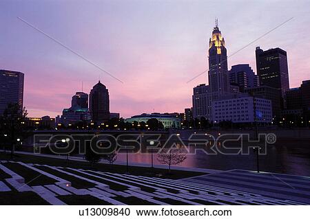 Columbus, skyline, OH, Ohio, Downtown skyline of Columbus along the Scioto River at sunrise. View Large Photo Image Stock Image - Columbus, skyline, OH, Ohio, Downtown skyline of Columbus along the Scioto River at sunrise.. Fotosearch