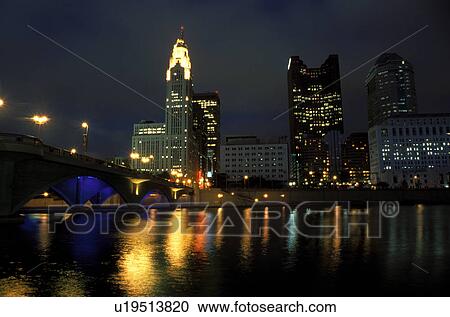 Columbus Skyline Oh Ohio Downtown Skyline Of Columbus Along The Scioto River In The Evening Stock Image U Fotosearch