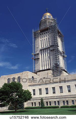 Stock Photograph -  construction, State Capitol, State House, Lincoln, NE, Nebraska, Nebraska State Capitol building under construction in Lincoln.. Fotosearch